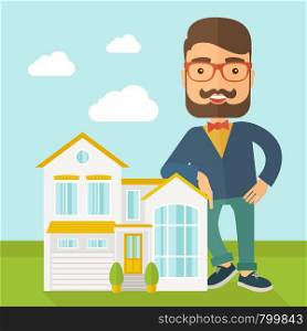 A real estate agent poses for use in advertising to sell the house. A Contemporary style with pastel palette, soft blue tinted background with desaturated clouds. Vector flat design illustration. Square layout.. Agent poses for use in advertising.