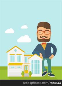 A real estate agent poses for use in advertising to sell the house. A Contemporary style with pastel palette, soft blue tinted background with desaturated clouds. Vector flat design illustration. Vertical layout with text space on top part.. Agent poses for use in advertising.