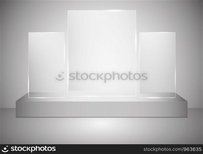 A rectangular podium with a glass pedestal or platform illuminated by spotlights on a gray background. Scene with picturesque lights. Vector illustration.. A rectangular podium with a glass pedestal or platform illuminated by spotlights on a gray background. Scene with picturesque lights. Vector illustration