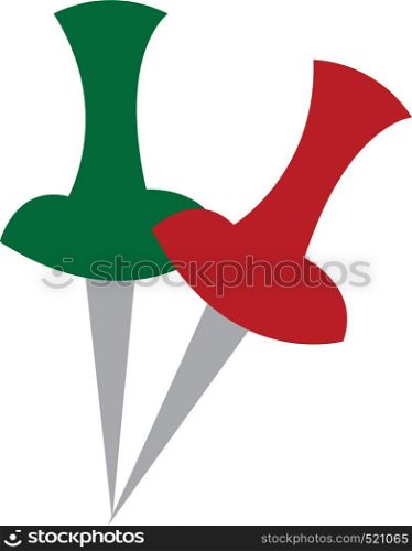 A red and green colored pair of thumbpin vector color drawing or illustration