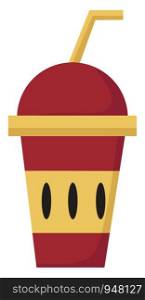 A red and sandle cup full of juice with a straw to drink, vector, color drawing or illustration.