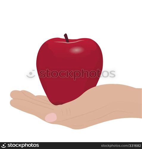 A red apple in a hand vector illustration on a white background isolated