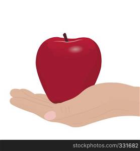 A red apple in a hand vector illustration on a white background isolated