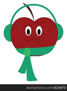A red apple wearing green color headphones and a green belt with a surprised expression on the face vector color drawing or illustration