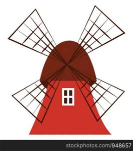 A red big windmill, vector, color drawing or illustration.
