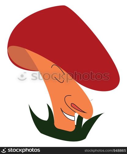 A red color mushroom in a dense garden, vector, color drawing or illustration.