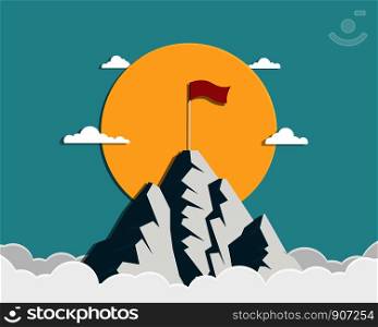 A red flag on top of mountain with the sun and cloud on sky. Business success concept. Achievement, Vector illustration flat