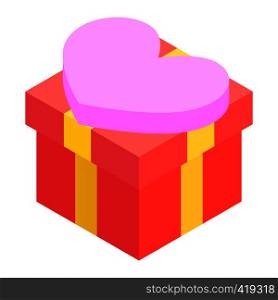 A red gift box with a pink heart shaped bow isometric 3d icon on a white background. A red gift box isometric 3d icon