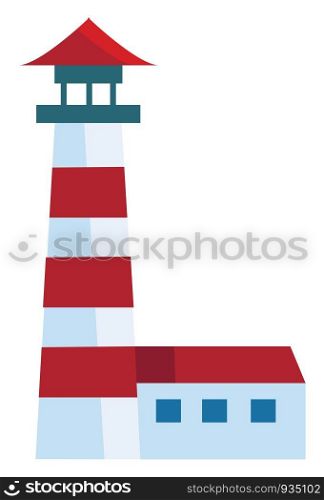 A red lighthouse at night with a bright spotlight, vector, color drawing or illustration.