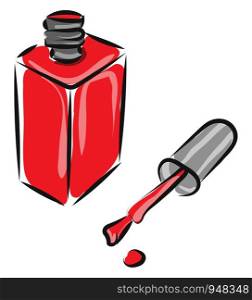 A red manicure in a rectangular bottle left opened and a drop splashed from the brush completes the white background, vector, color drawing or illustration.