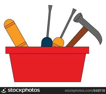 A red plastic basin carrying various tools and instruments like screw driver and hammer, vector, color drawing or illustration.