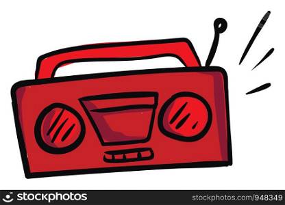 A red radio cassette player vintage furnished with an antenna, and play buttons to start/stop, and adjust the volume of the sound while playing music, vector, color drawing or illustration.