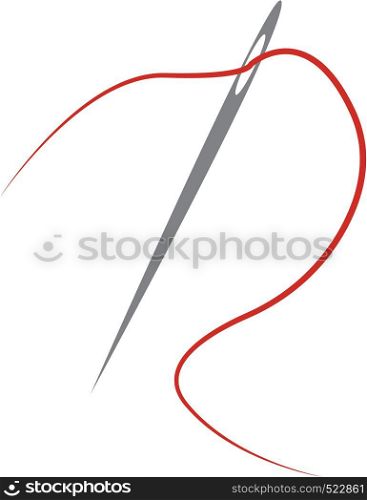 A red thread passing from a gray needle vector color drawing or illustration