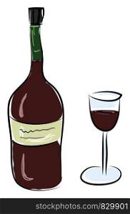 A red wine bottle with glass vector or color illustration