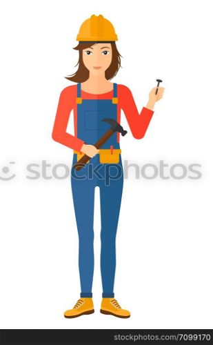 A repairer in helmet with a hummer and a nail in hands vector flat design illustration isolated on white background. Vertical layout.. Cheerful repairer engineer.