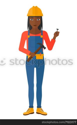 A repairer in helmet with a hummer and a nail in hands vector flat design illustration isolated on white background. . Cheerful repairer engineer.