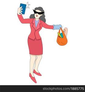 a rich and beautiful young woman is making a social media video showing off bringing food donations. vector design illustration art