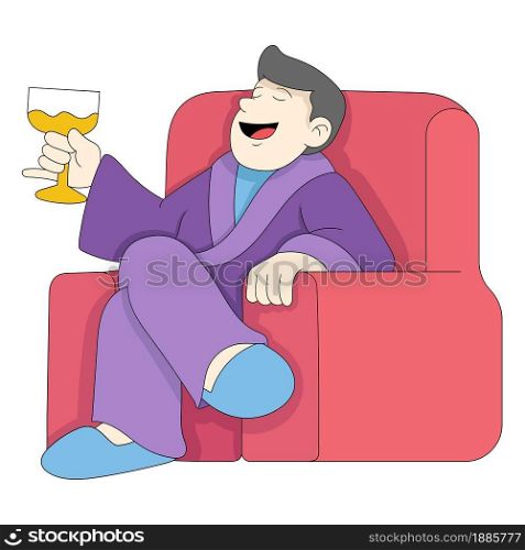 a rich boss is enjoying his day off sitting on the couch enjoying a glass of champagne. vector design illustration art