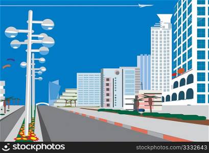 a road leads to a blue city. Vector illustration.