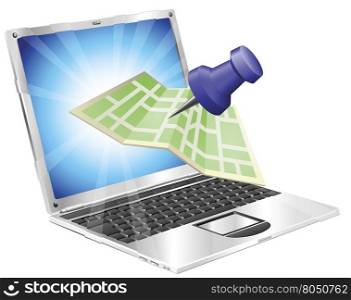 A road or city map flying out of a laptop computer. Concept or icon for map app or internet website with maps or other GPS related.