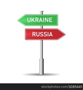 A road sign with signs and the words Russia and Ukraine.