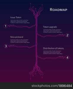 A roadmap for a cryptocurrency or digital technology site on red background. Vertical PCB tracks with numbers and copy space. Vector illustration.