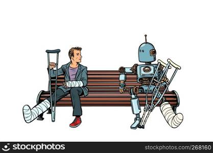 a robot and a man with broken legs with crutches and in a cast. medicine and health. Pop art retro vector illustration kitsch vintage. a robot and a man with broken legs with crutches and in a cast