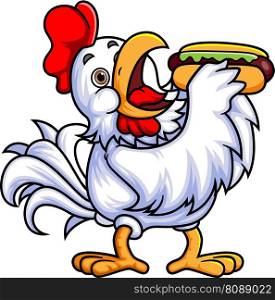 a rooster eats a huge hotdog of illustration