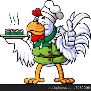 a rooster working as a professional chef is carrying a plate of traditional Japanese food of illustration