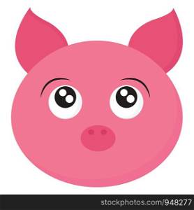 A round face of a cartoon pink pig with short oval ears, eyes rolled top-left, and an oval snout looks cute, vector, color drawing or illustration.