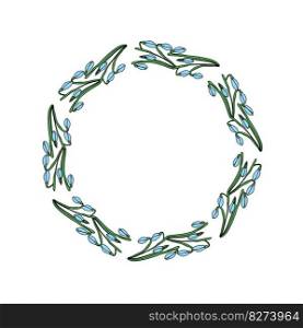 A round frame of spring buds of blue snowdrops on a white background. For invitations, greetings, and decorations. Vector.	