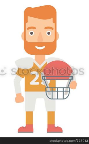 A rugby player standing with ball and helmet in hands vector flat design illustration isolated on white background.. Rugby player with ball and helmet in hands.
