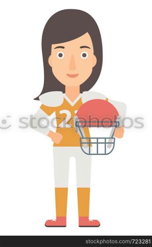 A rugby player standing with ball and helmet in hands vector flat design illustration isolated on white background. . Rugby player with ball and helmet in hands.