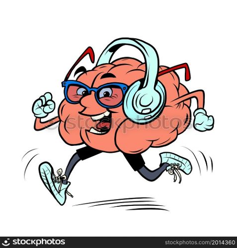 a runner on a jog listens to music. human brain character, smart wise. Comic cartoon retro vintage illustration. a runner on a jog listens to music. human brain character, smart wise