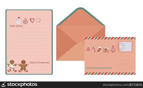 A s&le of a New Year’s letter to Santa Claus and an envelope. Flat design. Vector illustration. Decorated paper sheet with gingerbread. A s&le of a New Year’s letter to Santa Claus and an envelope. Flat design. Vector illustration. Decorated paper sheet with gingerbread.