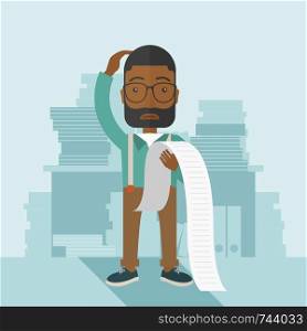 A sad african-american employee standing holding a paper feels headache and worries about paying a lot of bills. Problem, worries concept. A contemporary style with pastel palette soft blue tinted background. Vector flat design illustration. Square layout. . Sad african-american employee holding a list of payables.