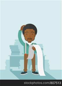 A sad african-american employee standing holding a paper feels headache and worries about paying a lot of bills. Problem, worries concept. A contemporary style with pastel palette soft blue tinted background. Vector flat design illustration. Vertical layout with text space on top part.. Sad african-american employee holding a list of payables.