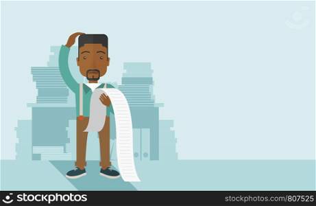 A sad african-american employee standing holding a paper feels headache and worries about paying a lot of bills. Problem, worries concept. A contemporary style with pastel palette soft blue tinted background. Vector flat design illustration. Horizontal layout with text space in right side. . Sad african-american employee holding a list of payables.