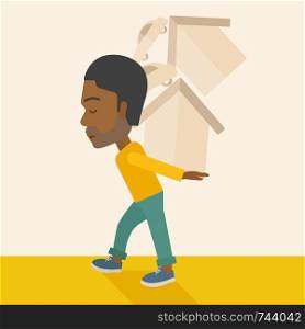 A sad black man carrying house and car as his loan or debt from the bank. A Contemporary style with pastel palette, soft beige tinted background. Vector flat design illustration. Square layout.. Black man carrying house and car.
