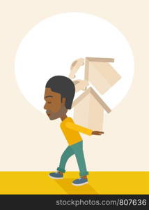A sad black man carrying house and car as his loan or debt from the bank. A Contemporary style with pastel palette, soft beige tinted background. Vector flat design illustration. Vertical layout with text space on top part.. Black man carrying house and car.