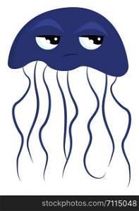 A sad blue crying jelly fish with tentacles, vector, color drawing or illustration.