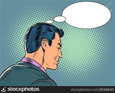 A sad businessman reflects. Comic bubble over your head. Loneliness and stress. Pop Art Retro Vector Illustration Kitf Vintage 50s 60s Style. A sad businessman reflects. Comic bubble over your head. Loneliness and stress