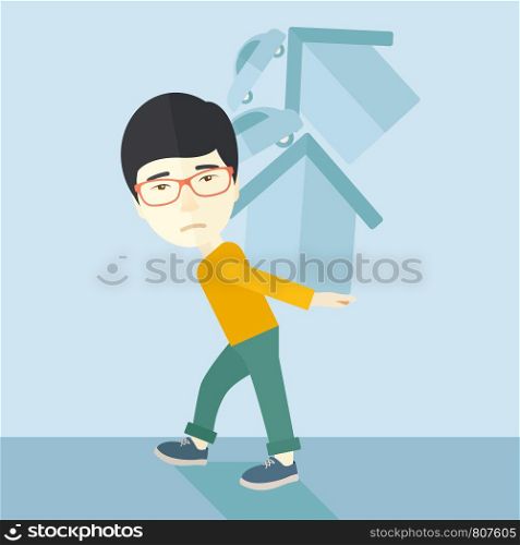 A sad chinese man carrying house and car as his loan or debt from the bank. A Contemporary style with pastel palette, soft blue tinted background. Vector flat design illustration. Square layout.. Chinese man carrying house and car