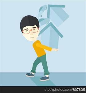 A sad chinese man carrying house and car as his loan or debt from the bank. A Contemporary style with pastel palette, soft blue tinted background. Vector flat design illustration. Square layout.. Chinese man carrying house and car