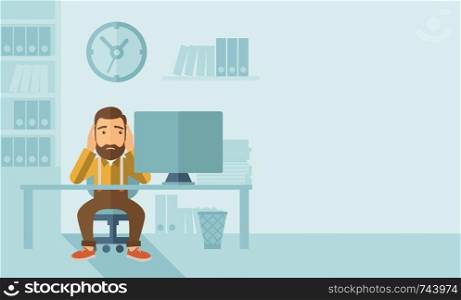 A sad hipster Caucasian businessman with beard sitting infront of his table looking at laptop having a problem reaching the deadline of his report. A contemporary style with pastel palette soft blue tinted background. Vector flat design illustration. Horizontal layout with text space in right side.. Unhappy businessman