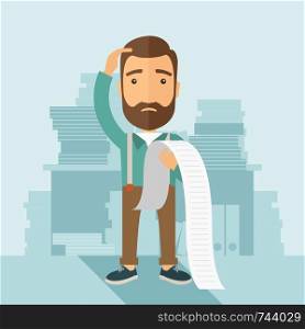 A sad hipster Caucasian man with beard standing holding a paper feels headache and worries about paying a lot of bills. Problem, worries concept. A contemporary style with pastel palette soft blue tinted background. Vector flat design illustration. Square layout. . Man worried about his bills.