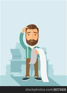 A sad hipster Caucasian man with beard standing holding a paper feels headache and worries about paying a lot of bills. Problem, worries concept. A contemporary style with pastel palette soft blue tinted background. Vector flat design illustration. Vertical layout with text space on top part. . Man worried about his bills.