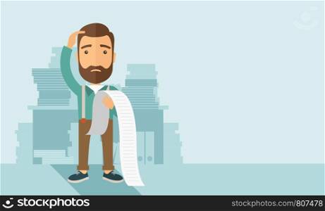 A sad hipster Caucasian man with beard standing holding a paper feels headache and worries about paying a lot of bills. Problem, worries concept. A contemporary style with pastel palette soft blue tinted background. Vector flat design illustration. Horizontal layout with text space in right side.. Man worried about his bills.