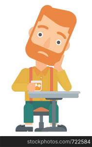 A sad hipster man with the beard sitting at bar vector flat design illustration isolated on white background. . Man sitting at bar.