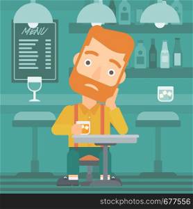 A sad hipster man with the beard sitting at the bar with a glass vector flat design illustration. Horizontal layout.. Man sitting at bar.